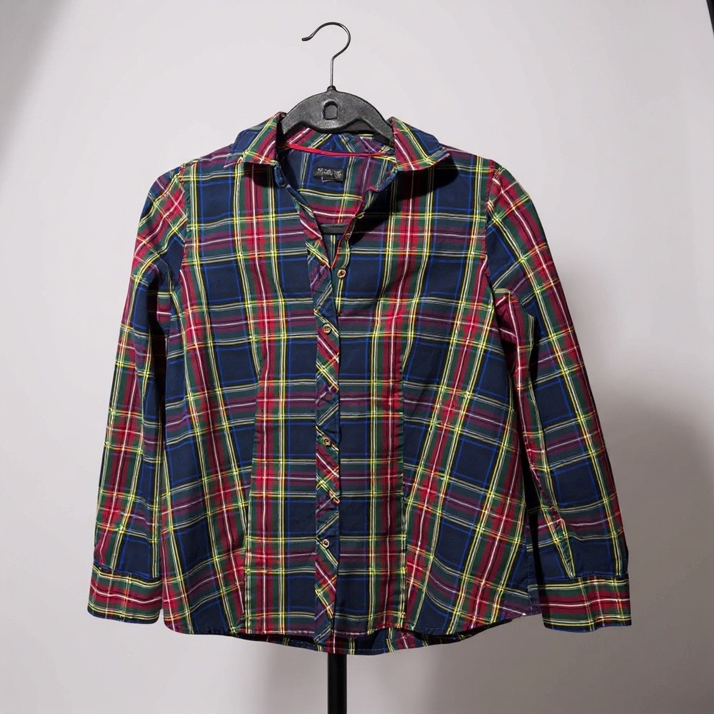 Talbots Petite Plaid Button Down Shirt Long Sleeve Blue Red Green Women 2P